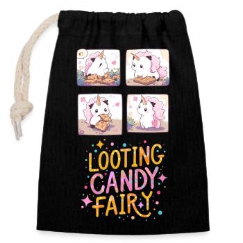 🦄 Cute Unicorn Looting Candy Fairy 🍭 - Closable cotton gift bag (14x20cm) - black - Front
