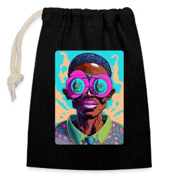 Flashy Afro Man with Glasses - Closable cotton gift bag (14x20cm) - black - Front