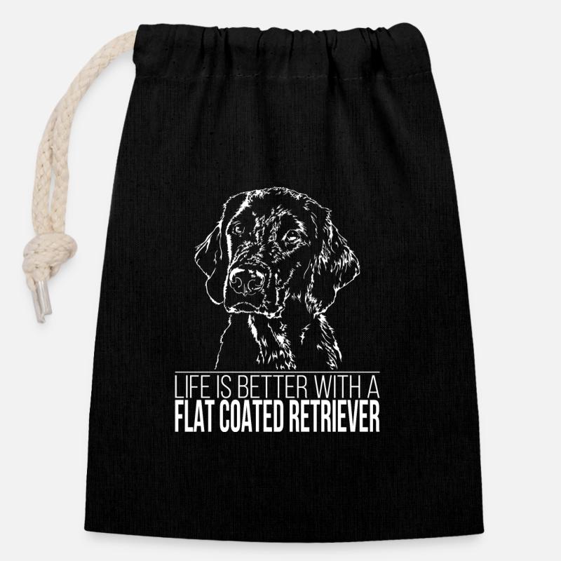 FLAT COATED RETRIEVER Life better Spruch Wilsigns - Verschließbarer Geschenkbeutel aus Baumwolle (14x20cm) - Schwarz