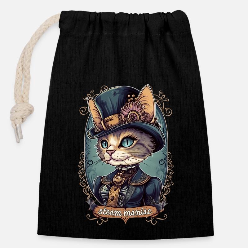 Viktorianische Steampunk Katze - Verschließbarer Geschenkbeutel aus Baumwolle (14x20cm) - Schwarz