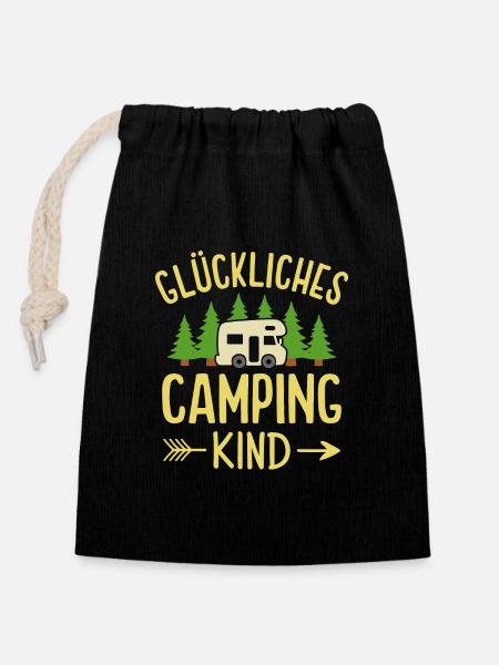 Glückliches Camping Kind Campingplatz Camper - Verschließbarer Geschenkbeutel aus Baumwolle (14x20cm) - Schwarz