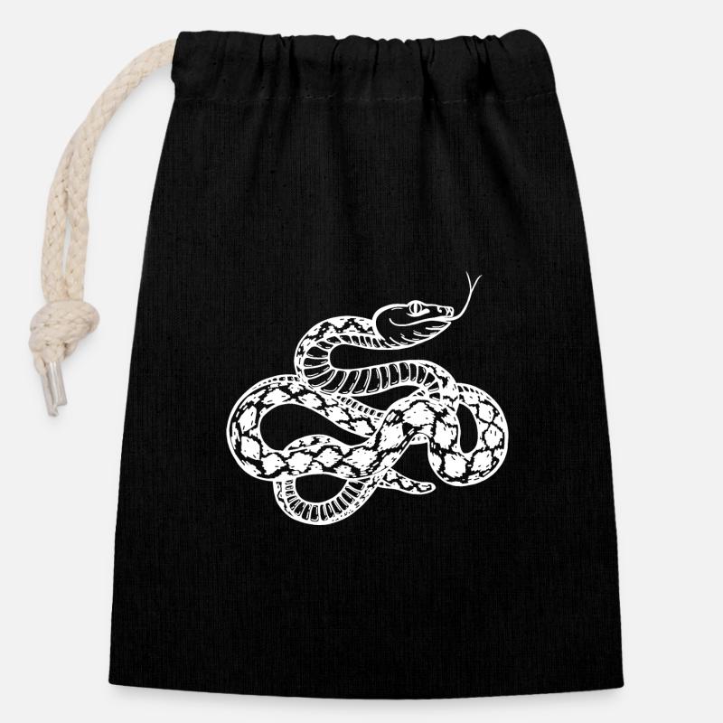 Snake, white - Closable cotton gift bag (14x20cm) - black