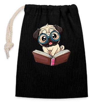 Mops der Leseratte: Bücherwurm mit Brille - Verschließbarer Geschenkbeutel aus Baumwolle (14x20cm) - Schwarz - Vorne