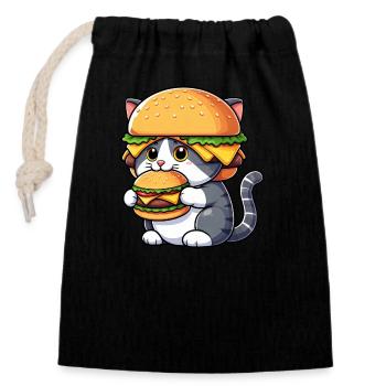 Drôle de chat hamburger cheeseburger dessin animé rapide - Sac cadeau en coton avec cordon (14 x 20 cm) - noir - Devant