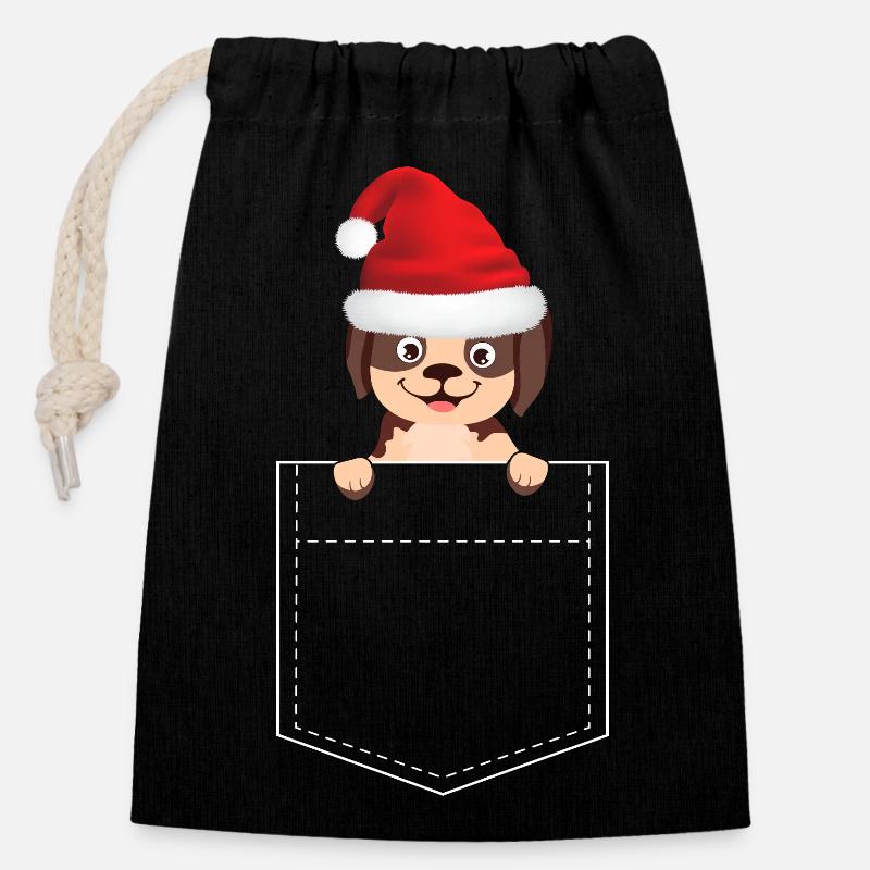 Chien de Noël - Sac cadeau en coton avec cordon (14 x 20 cm) - noir