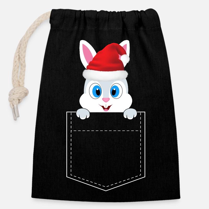Lapin de Noël - Sac cadeau en coton avec cordon (14 x 20 cm) - noir