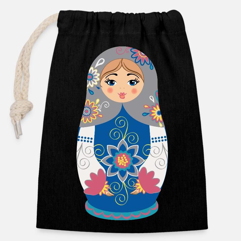 Matreshka / Matroshka / Matryoshka / Matryoshka - Sac cadeau en coton avec cordon (14 x 20 cm) - noir