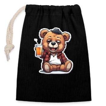 Casual teddy bear with beer - Closable cotton gift bag (14x20cm) - black - Front