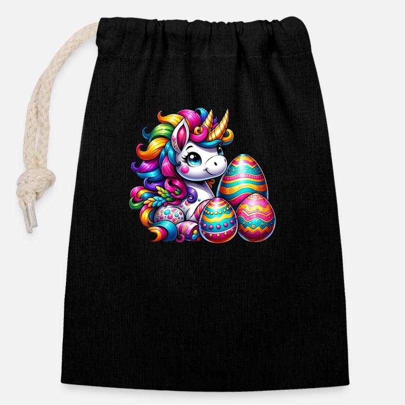 Ostern Einhorn & Bunte Eier - Verschließbarer Geschenkbeutel aus Baumwolle (14x20cm) - Schwarz