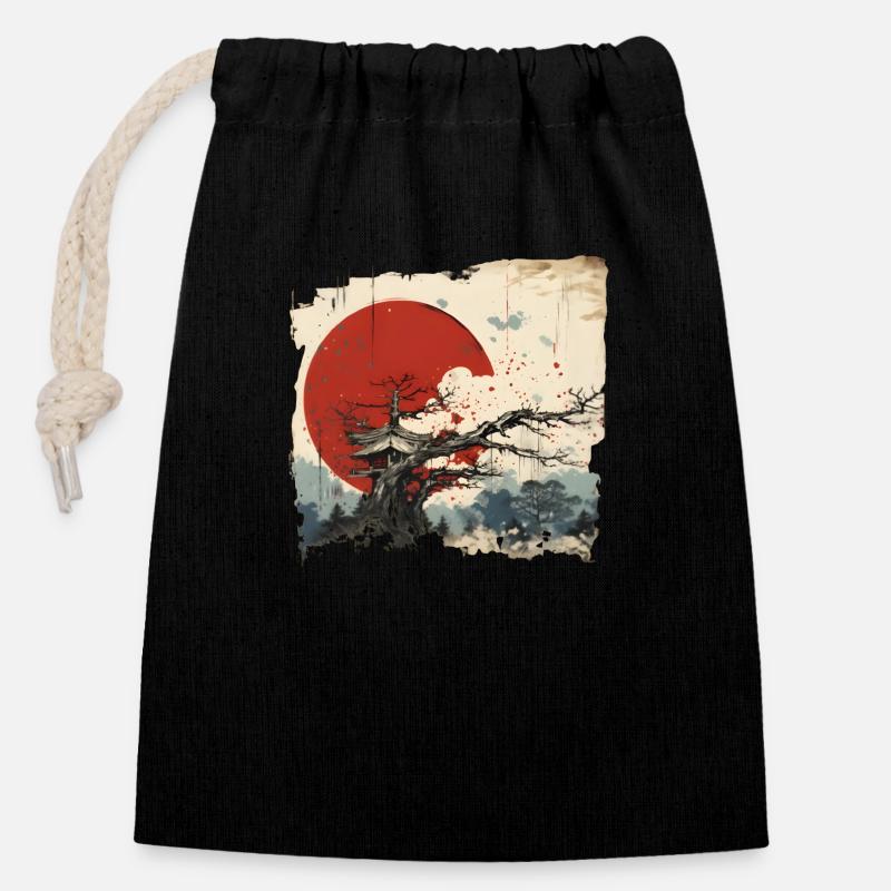 STYLE JAPONAIS - Sac cadeau en coton avec cordon (14 x 20 cm) - noir
