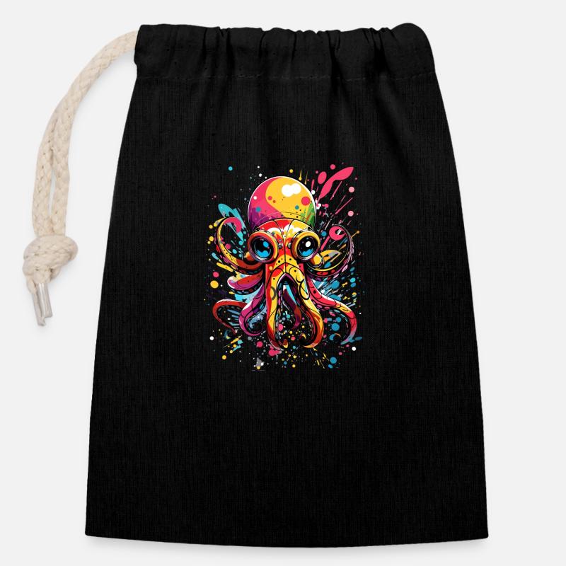 Pieuvre colorée - Sac cadeau en coton avec cordon (14 x 20 cm) - noir