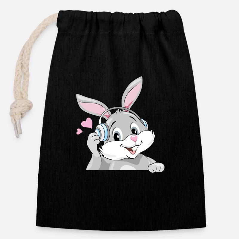 Lächelnder Hase, Musik über Kopfhörer hören - Verschließbarer Geschenkbeutel aus Baumwolle (14x20cm) - Schwarz