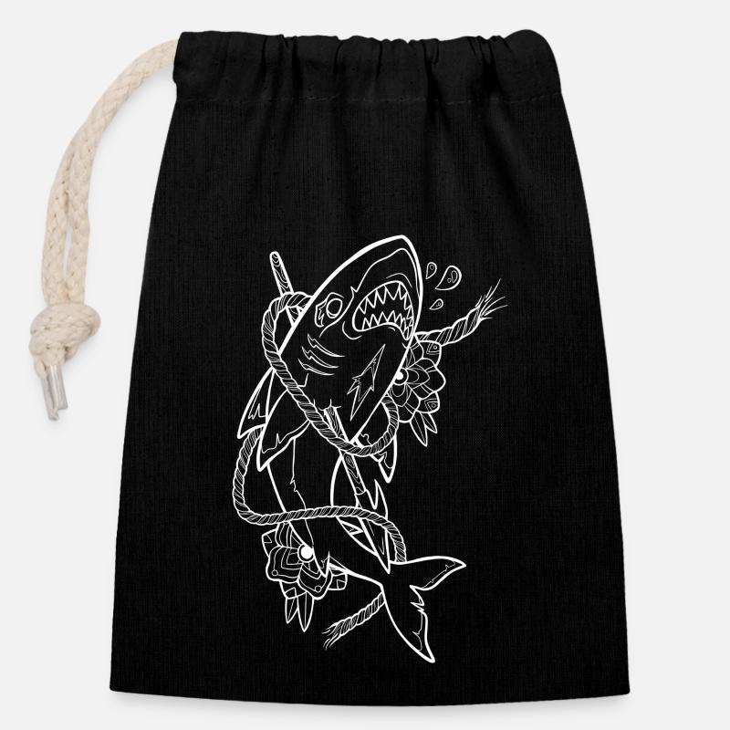 Old School Shark White - Sac cadeau en coton avec cordon (14 x 20 cm) - noir