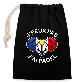 J'peux pas j'ai Padel France Humour Padeliste - Sac cadeau en coton avec cordon (14 x 20 cm) - noir - Devant