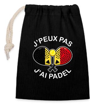 J'peux pas j'ai Padel Belgique Humour Padeliste - Sac cadeau en coton avec cordon (14 x 20 cm) - noir - Devant