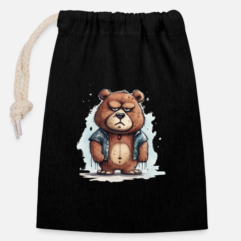Teddy grincheux - Sac cadeau en coton avec cordon (14 x 20 cm) - noir