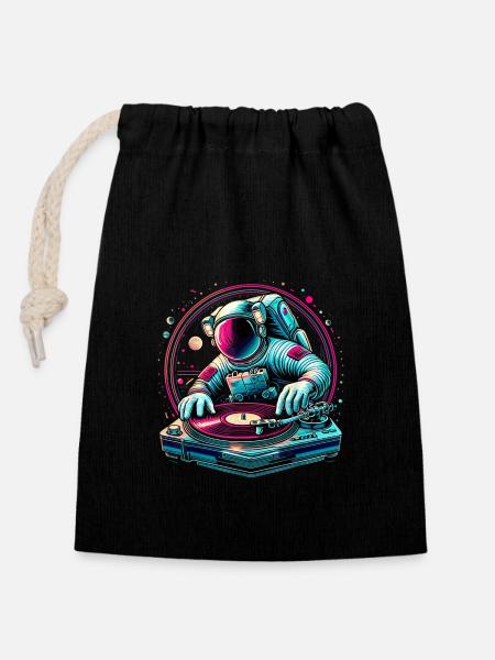 Astronaute DJ Planets DJing dans l’espace - Sac cadeau en coton avec cordon (14 x 20 cm) - noir
