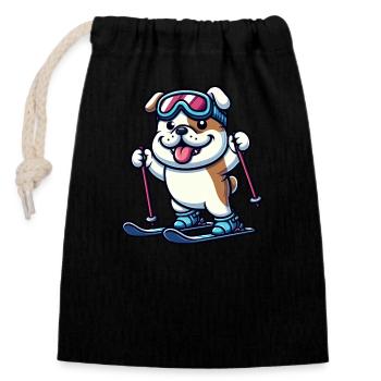 Bulldog on skis - winter holiday in comic style - Closable cotton gift bag (14x20cm) - black - Front