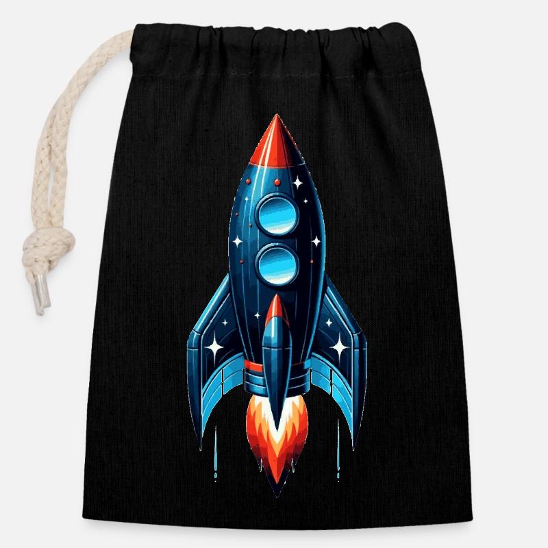 Rakete mit Sternen | Spaceship - Verschließbarer Geschenkbeutel aus Baumwolle (14x20cm) - Schwarz