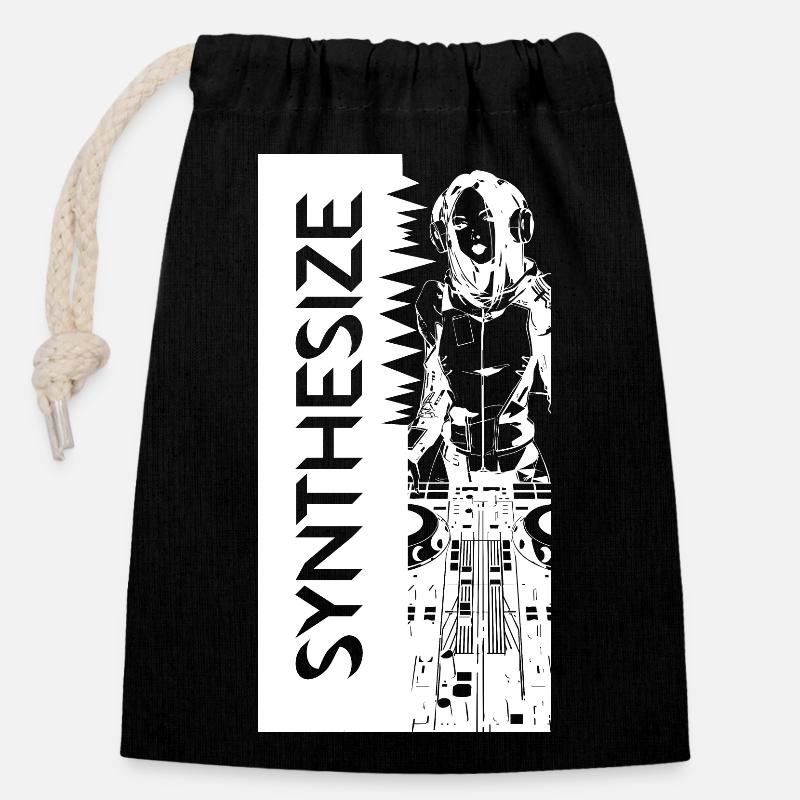 Synthé Blanc - Sac cadeau en coton avec cordon (14 x 20 cm) - noir
