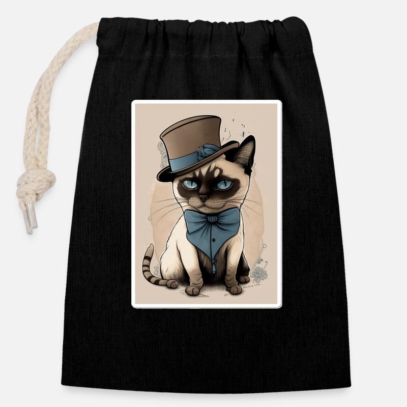Chat avec chapeau - Sac cadeau en coton avec cordon (14 x 20 cm) - noir