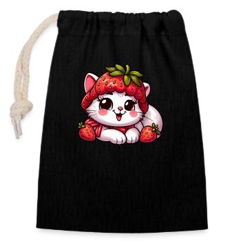Cute Cat Strawberry Whimsical Hat Fruity Summer - Closable cotton gift bag (14x20cm) - black - Front