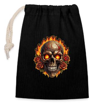 Skull mit Feuer und roten Rosen brennender Skull - Verschließbarer Geschenkbeutel aus Baumwolle (14x20cm) - Schwarz - Vorne