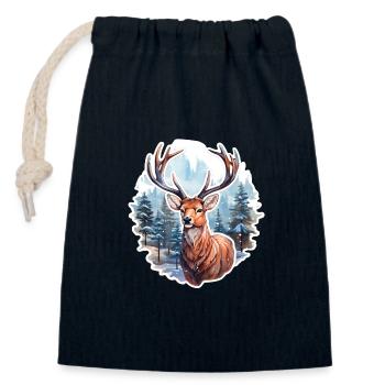 Winterlandschaft mit Hirsch - Verschließbarer Geschenkbeutel aus Baumwolle (14x20cm) - Navy - Vorne