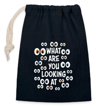 Drôle de fête disant « Qu’est-ce que tu regardes » - Sac cadeau en coton avec cordon (14 x 20 cm) - bleu marine - Devant