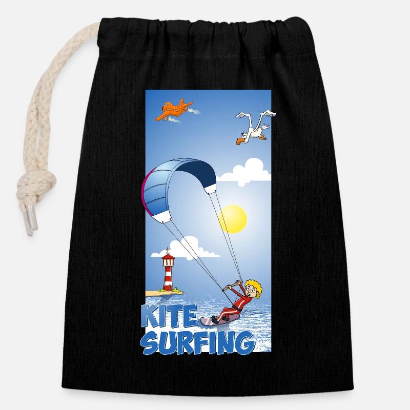 Illustration colorée d’un kitesurfer - Sac cadeau en coton avec cordon (14 x 20 cm) - noir