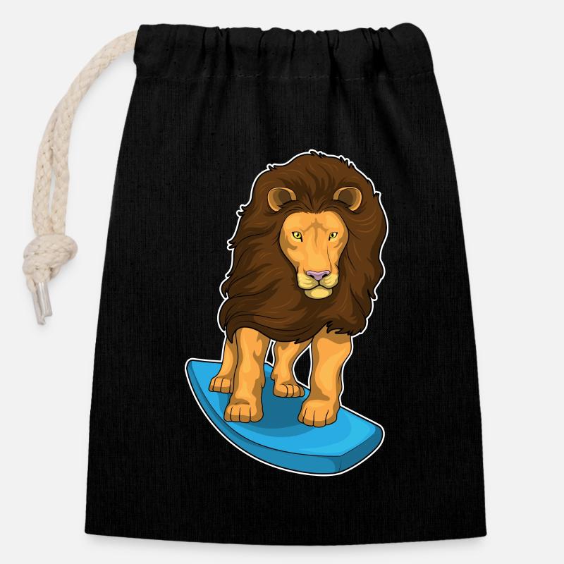 Lion Surfer Surfbræt - Gavepose i bomuld, der kan lukkes (14x20cm) - sort