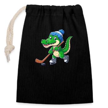 Krokodil-Eishockeyspieler - Lustiges Design - Verschließbarer Geschenkbeutel aus Baumwolle (14x20cm) - Schwarz - Vorne
