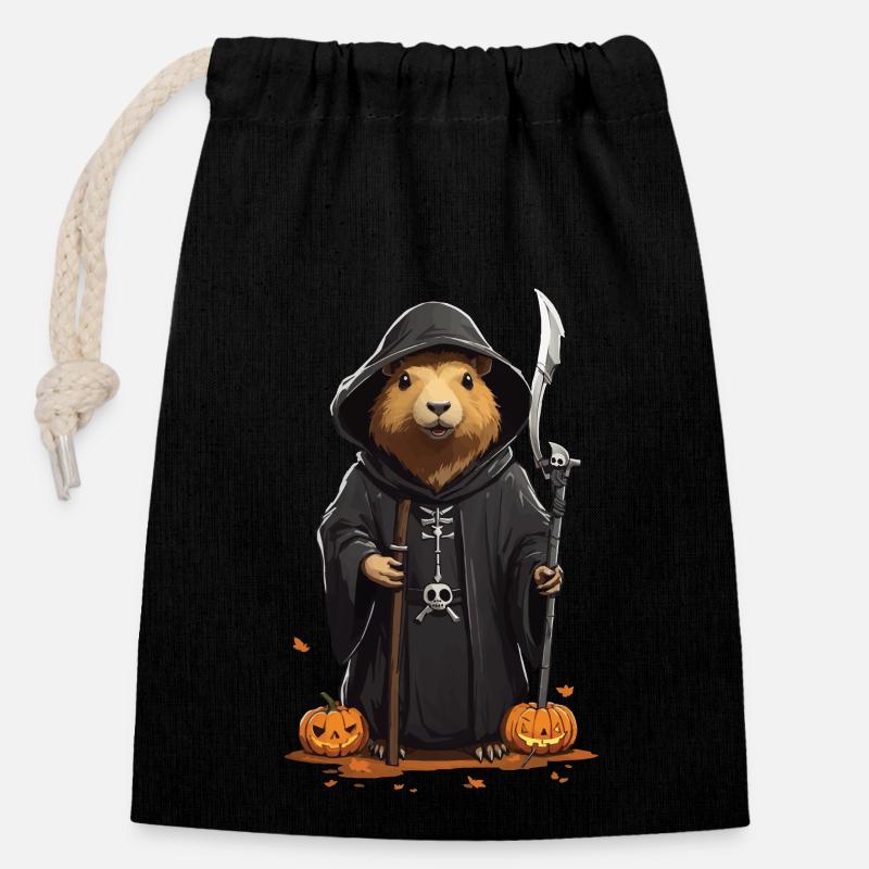 Lustiges Halloween Capybara Sensenmann Design - Verschließbarer Geschenkbeutel aus Baumwolle (14x20cm) - Schwarz