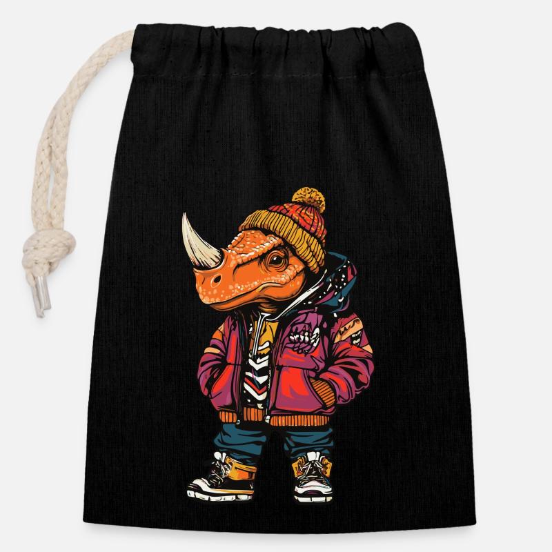 Dinosaure tricératops Mode Hiver - Sac cadeau en coton avec cordon (14 x 20 cm) - noir