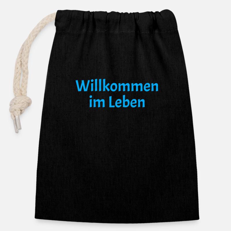 Willkommen im Leben - Verschließbarer Geschenkbeutel aus Baumwolle (14x20cm) - Schwarz