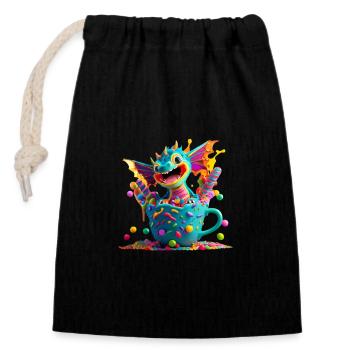 Mignon bébé dragon dans une tasse pleine de bonbons - Sac cadeau en coton avec cordon (14 x 20 cm) - noir - Devant