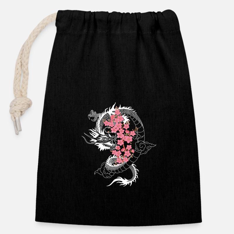 Dragon japonais cerisier fleur arbre Sakura arbre - Sac cadeau en coton avec cordon (14 x 20 cm) - noir