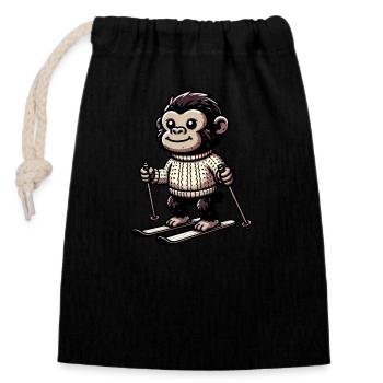 Cute monkey skiing in winter - - Closable cotton gift bag (14x20cm) - black - Front