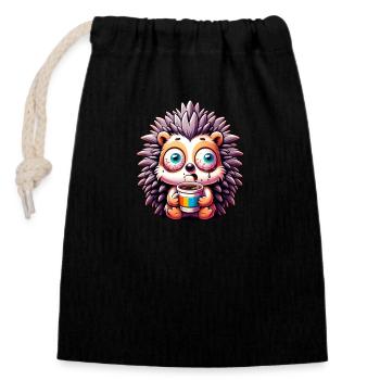 Hedgehog with Coffee Caffeine Shock - Closable cotton gift bag (14x20cm) - black - Front