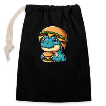 Satisfied Dino T-Rex with Hamburger Cheeseburger - Closable cotton gift bag (14x20cm) - black - Front