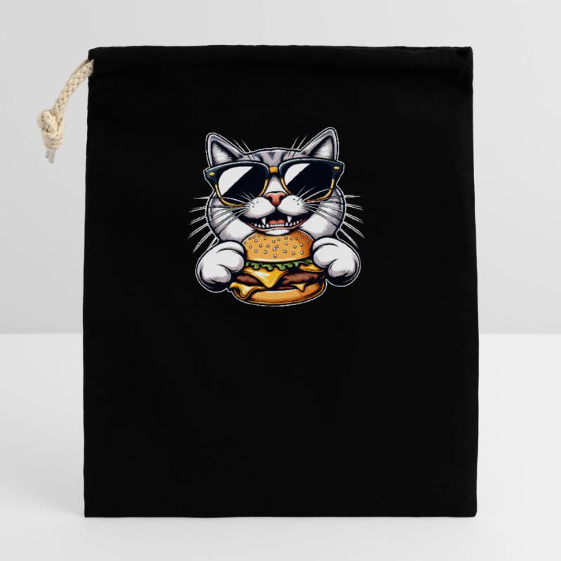 Chat nerd cool mangeant hamburger cheeseburger Sac cadeau en coton avec cordon (14 x 20 cm)