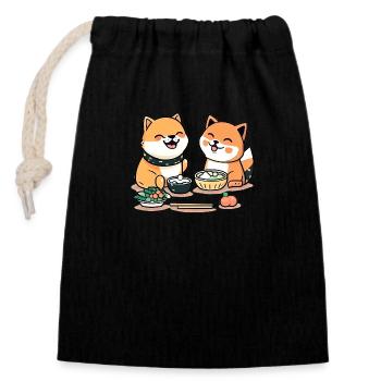 Douce bande dessinée Shiba Inu Mangez du riz et des sushis ensemble - Sac cadeau en coton avec cordon (14 x 20 cm) - noir - Devant