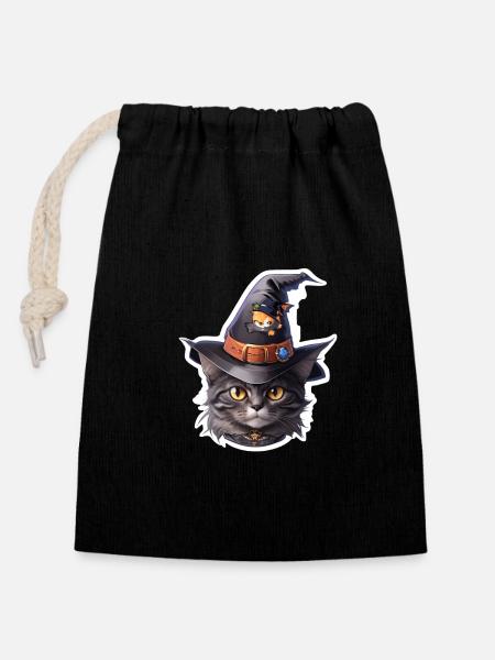 Chat d’Halloween - Sac cadeau en coton avec cordon (14 x 20 cm) - noir