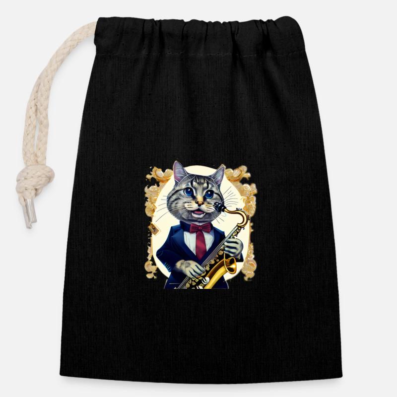 Jazz cat en costume avec saxophone - Sac cadeau en coton avec cordon (14 x 20 cm) - noir