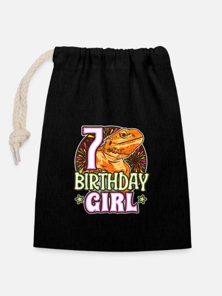 Dragon barbu 7e anniversaire - 7 ans - Sac cadeau en coton avec cordon (14 x 20 cm) - noir