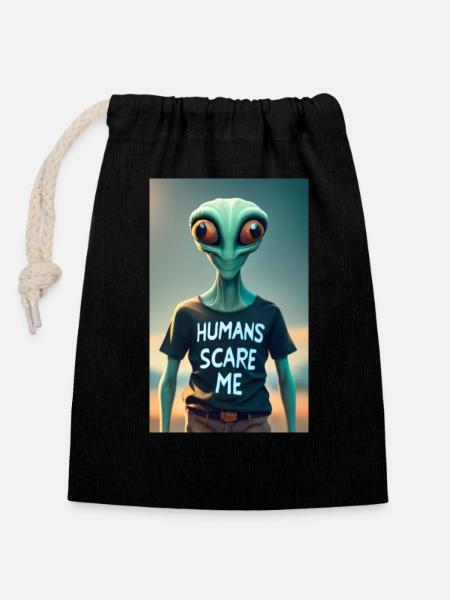 Alien - Humans scare me - Verschließbarer Geschenkbeutel aus Baumwolle (14x20cm) - Schwarz