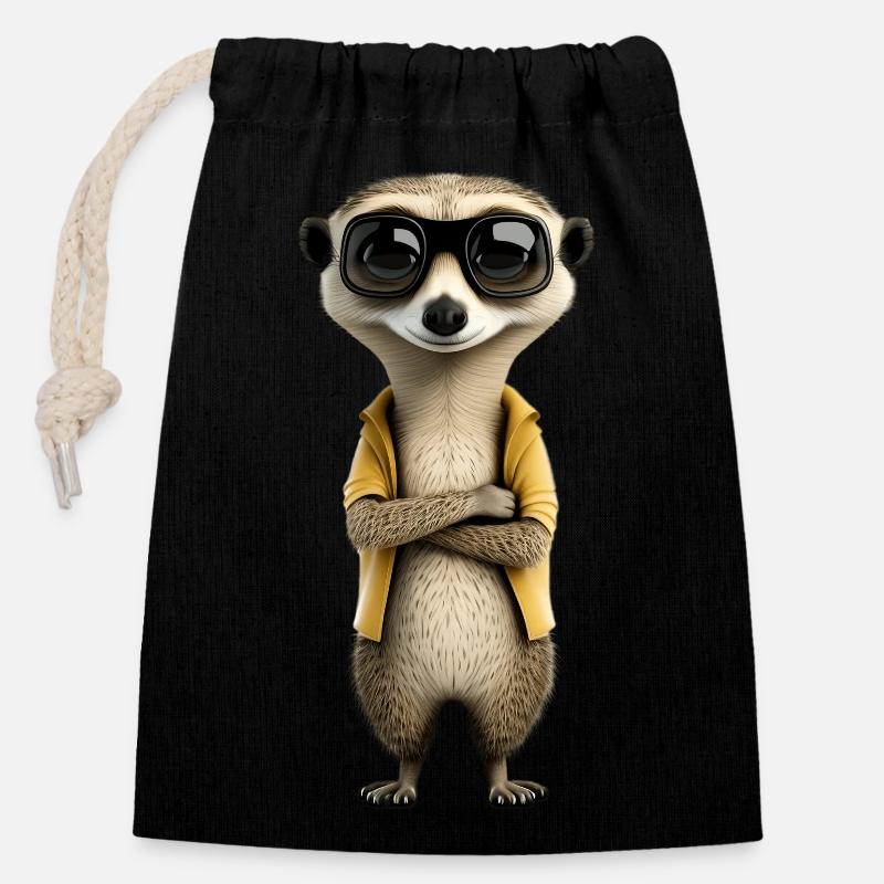 Suricate cool avec lunettes de soleil et veste - Sac cadeau en coton avec cordon (14 x 20 cm) - noir