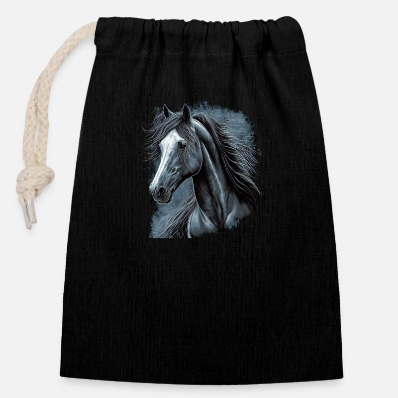 Cheval - Sac cadeau en coton avec cordon (14 x 20 cm) - noir