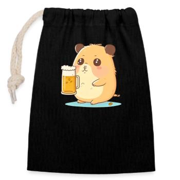 Süßer dicker Biertrinkender Hamster - Verschließbarer Geschenkbeutel aus Baumwolle (14x20cm) - Schwarz - Vorne