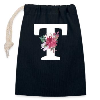Lettre t floral - Sac cadeau en coton avec cordon (14 x 20 cm) - bleu marine - Devant